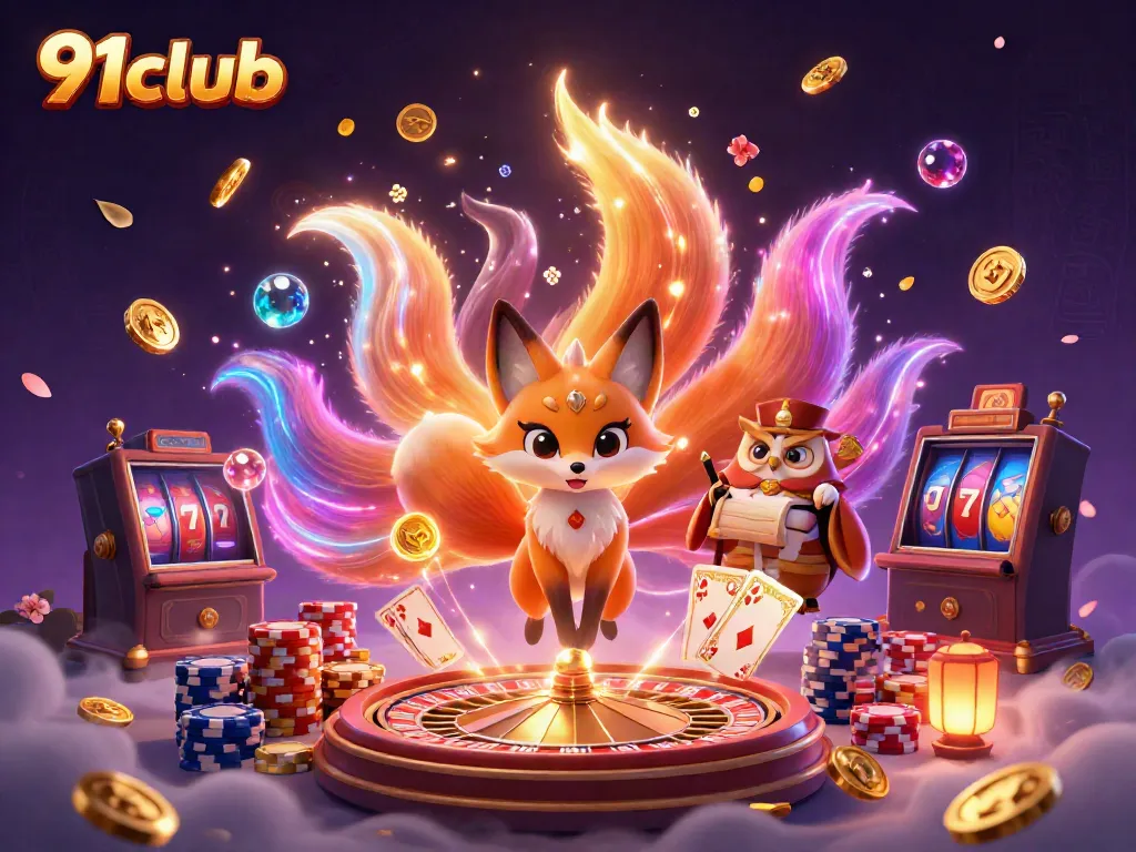 Experience the excitement of 91club with a colorful casino scene featuring a fox spirit and owl sage.